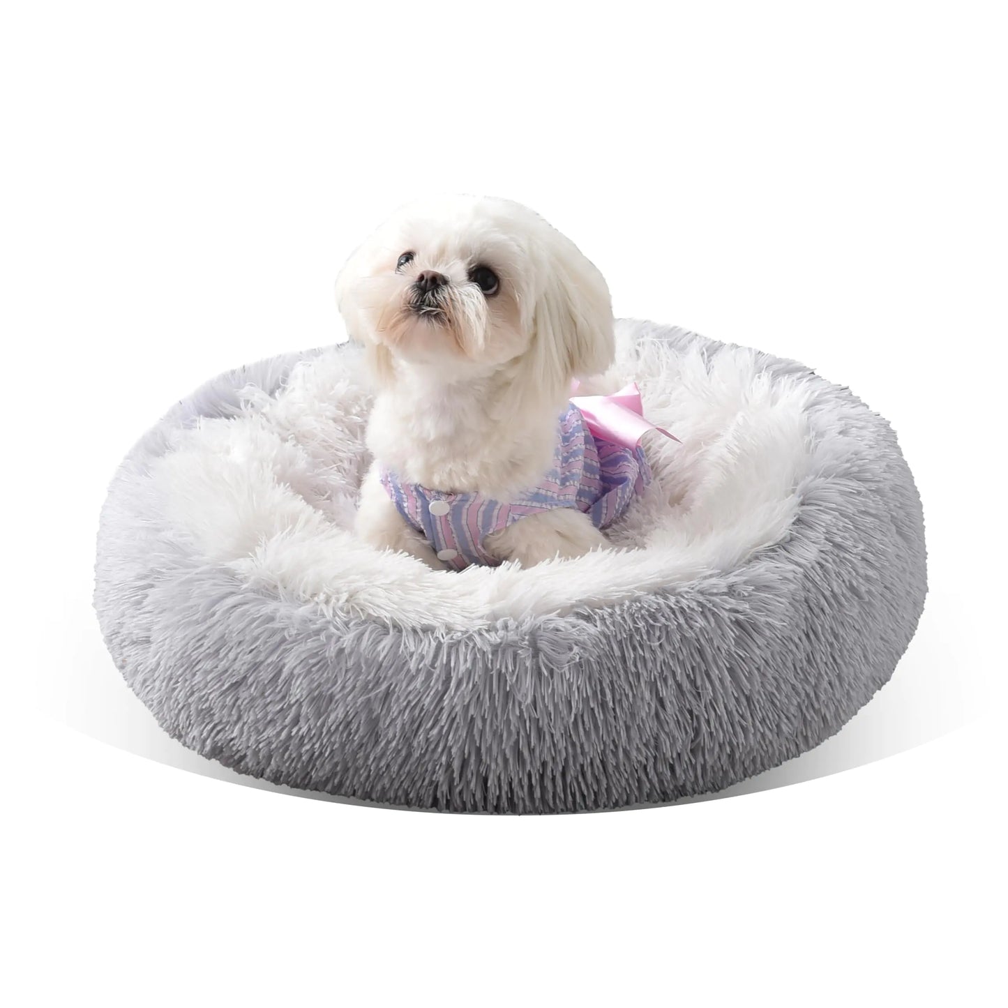 Something Different Calming Dog & Cat Bed Anti-Anxiety Donut Cuddler Warming Cozy Soft Round Bed Fluffy Faux Fur Plush Cushion Bed for Small Medium Dogs and Cats24”Grey